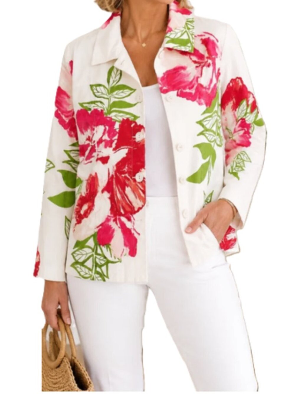 Chico’s Floral Jacket White Pink Green Cotton Blend Blazer size 1